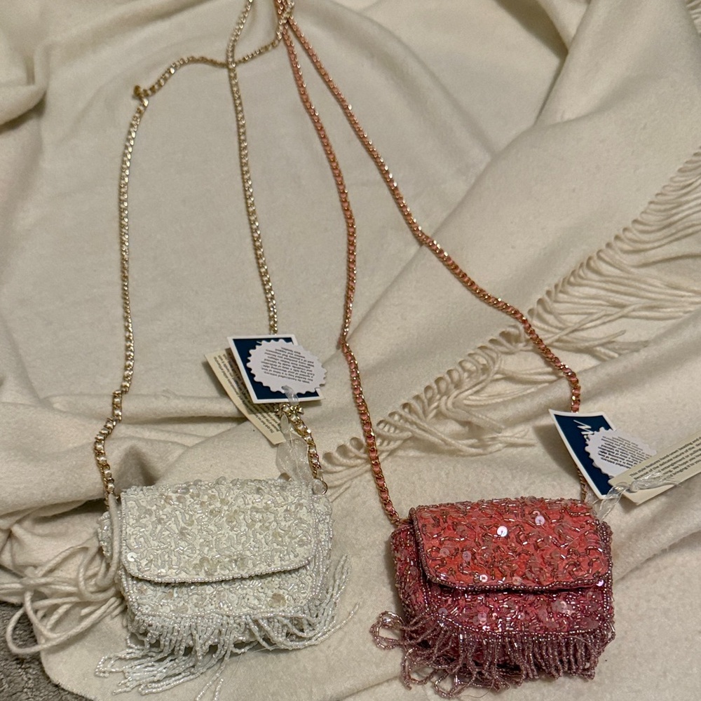 Viral mini Elegant Sequin Fringe Crossbody Bag Set - Cream and Pink